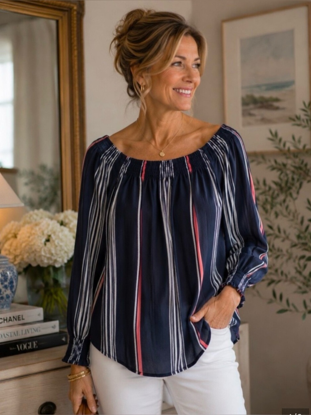 Express Women's Medium Blouse | Blue w/Warm Pink & White | Bundle & Save!